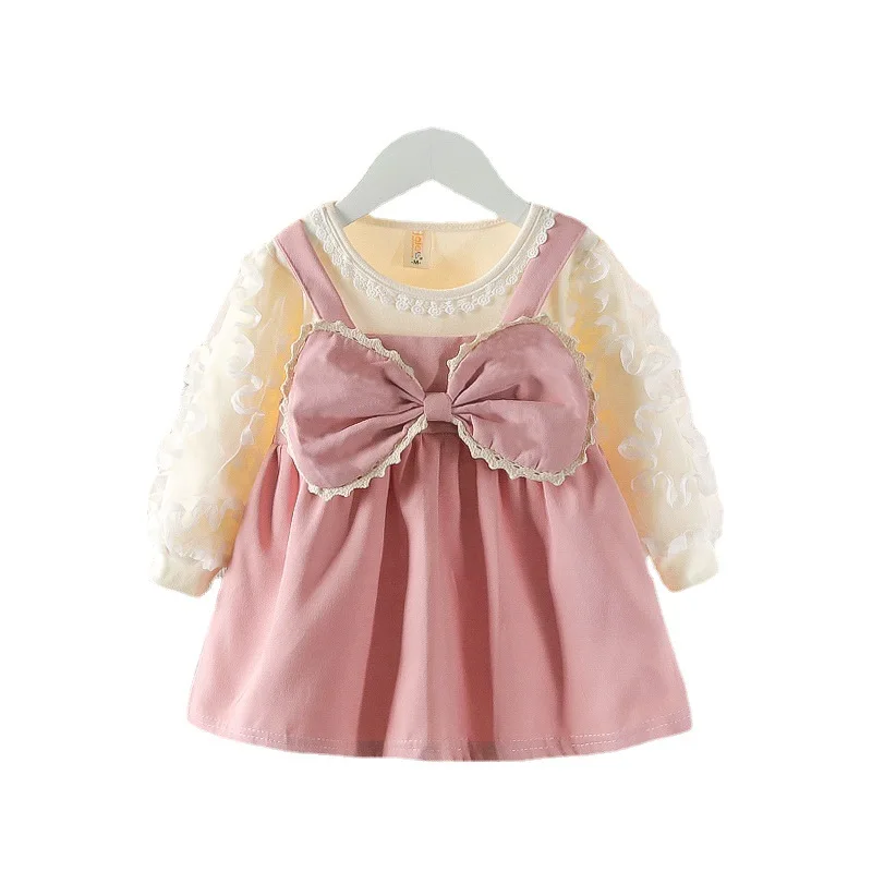 Autumn Baby Girl Clothes Lace Long Sleeve Dress Costume for Toddler Girl Baby Birthday Kids Clothing Big Bow Tie Long Dresses