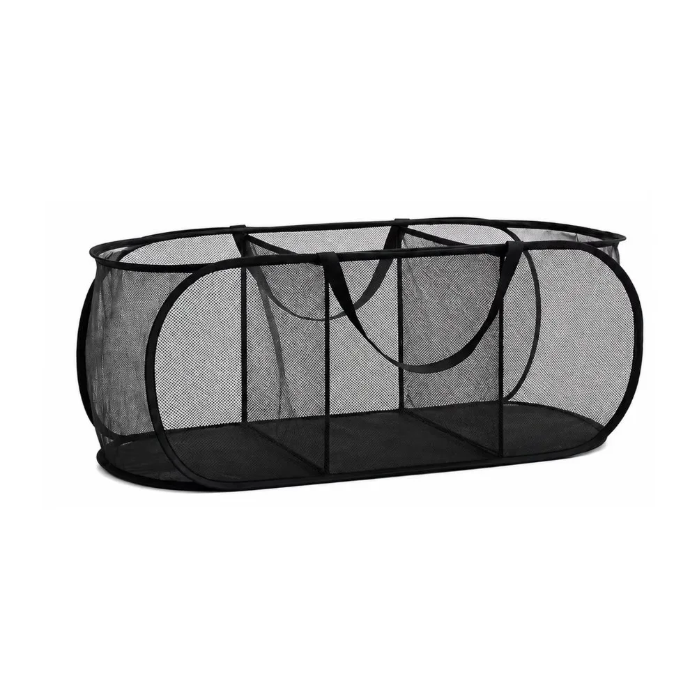 Breathable Mesh Laundry Basket Collapsible Carry Handles Foldable Storage Basket 3 Grids Multifunctional Clothing Organizer