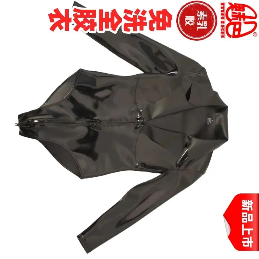

Double Sided PU Leather Long Sleeve Tshirt Wet Look PVC Zipper Open Crotch Bodysuit Tights Body Teddy S-4XL Notchlapel Leotard