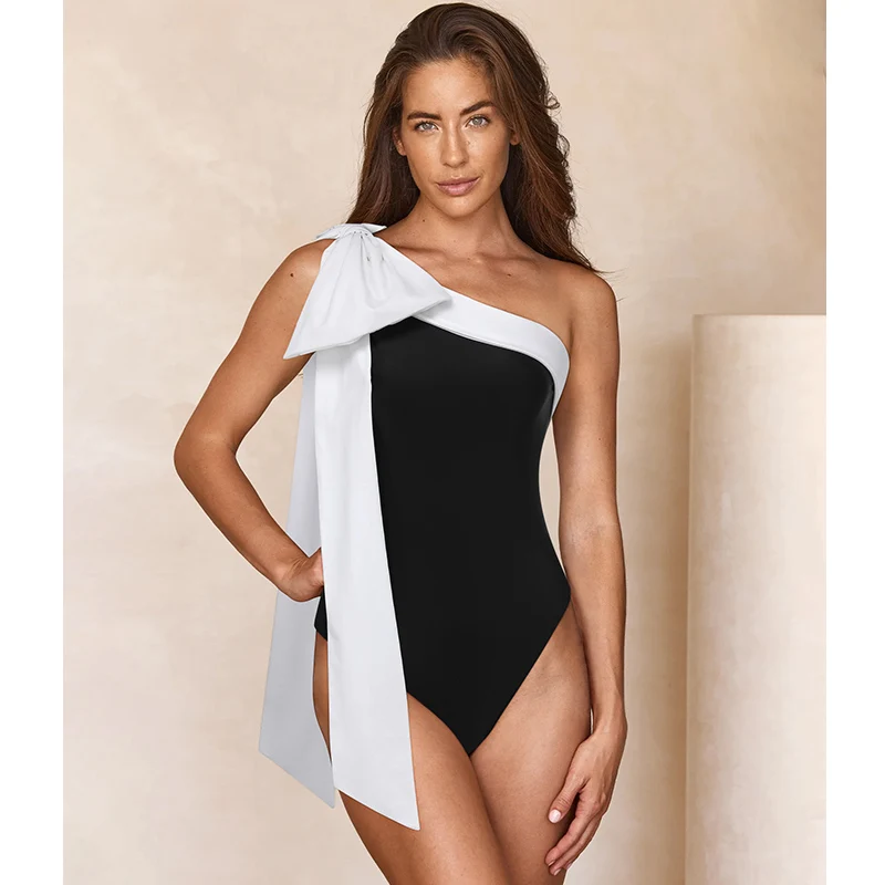 Bañador de una pieza con un hombro y lazo, traje de baño con bloque de Color y falda, venta al por mayor, Bikini