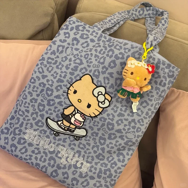 Hello Kitty Black Face Cotton Tote Bag With Rhinestone Decor Large Capacity Canvas Shoulder Bag For Women Shopping Beach