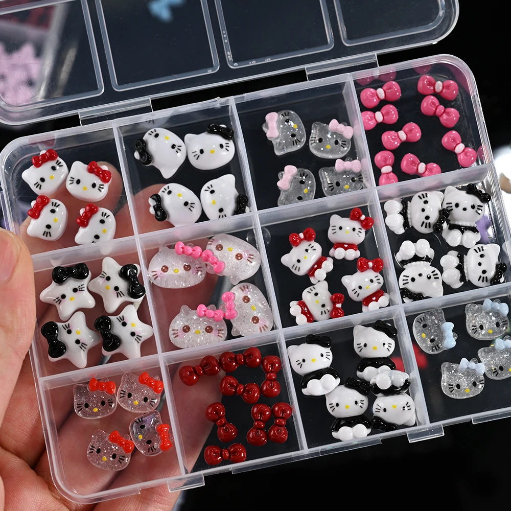 12Girds/Box Y2K Hello Kitty Nagelaccessoires Strik/Kers/Bloem Nail Gem Charms Kawaii Gemengde Manicure DlY Nagelonderdelen voor meisje