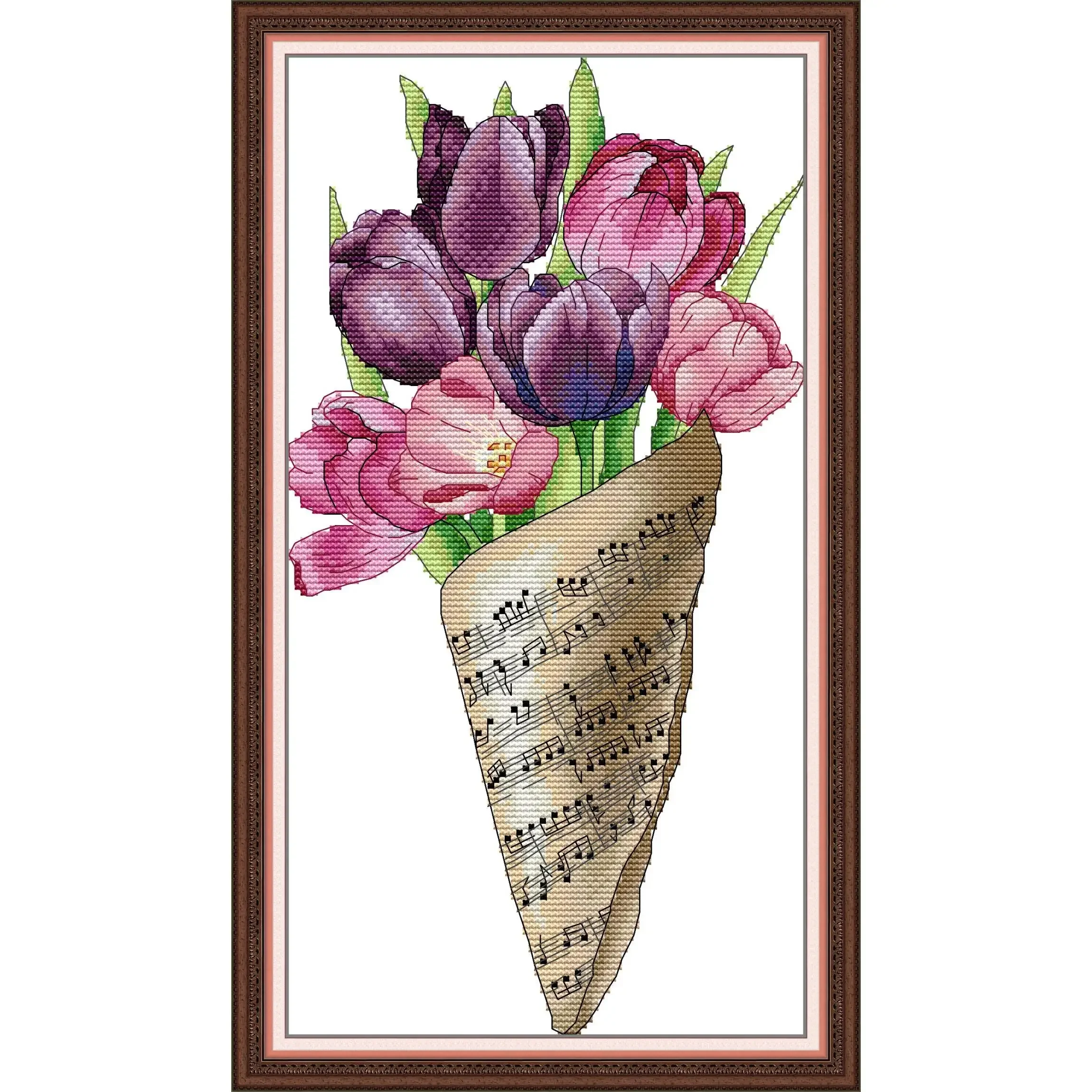 Joy Sunday Pre-printed Cross Stitch Kit  Easy Pattern Aida  Stamped Fabric Embroidery Set-Note Bouquet - Tulip