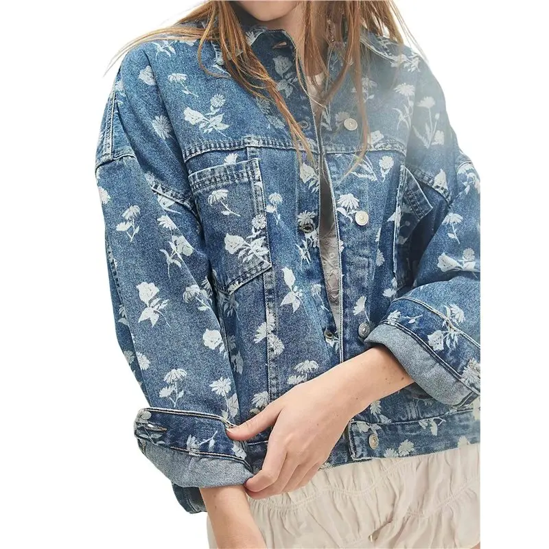 

CYL-Women Casual Printed Oversized Button Down Long Sleeve Boyfriend Vintage Jean Jacket Coat With Pockets Dark Blue XXL