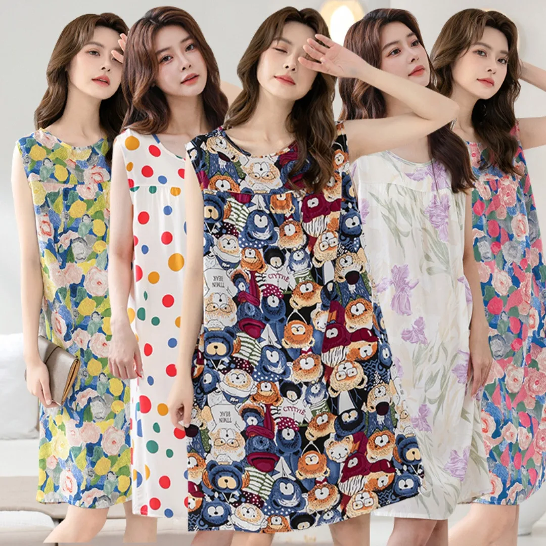 

Summer New Loose Cotton Silk Vest Young Mom Nightgown Comfortable Home Clothes ort Sve Plant Floral Print round Ne Sle...