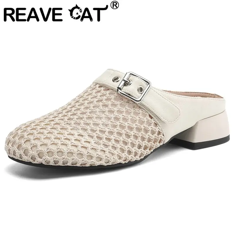 

REAVE CAT 2025 Новый дизайн Женские сандалии с круглым носком на среднем каблуке 3,6 см Дышащий сетчатый ремень с пряжкой Слипоны Мюли Большой размер 41 42 43