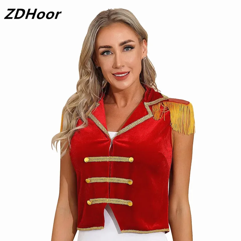 

Women Circus Ringmaster Cosplay Tops Halloween Costume Lapel Sleeveless Tassels Velvet Waistcoat Irregular Hem Button Vest