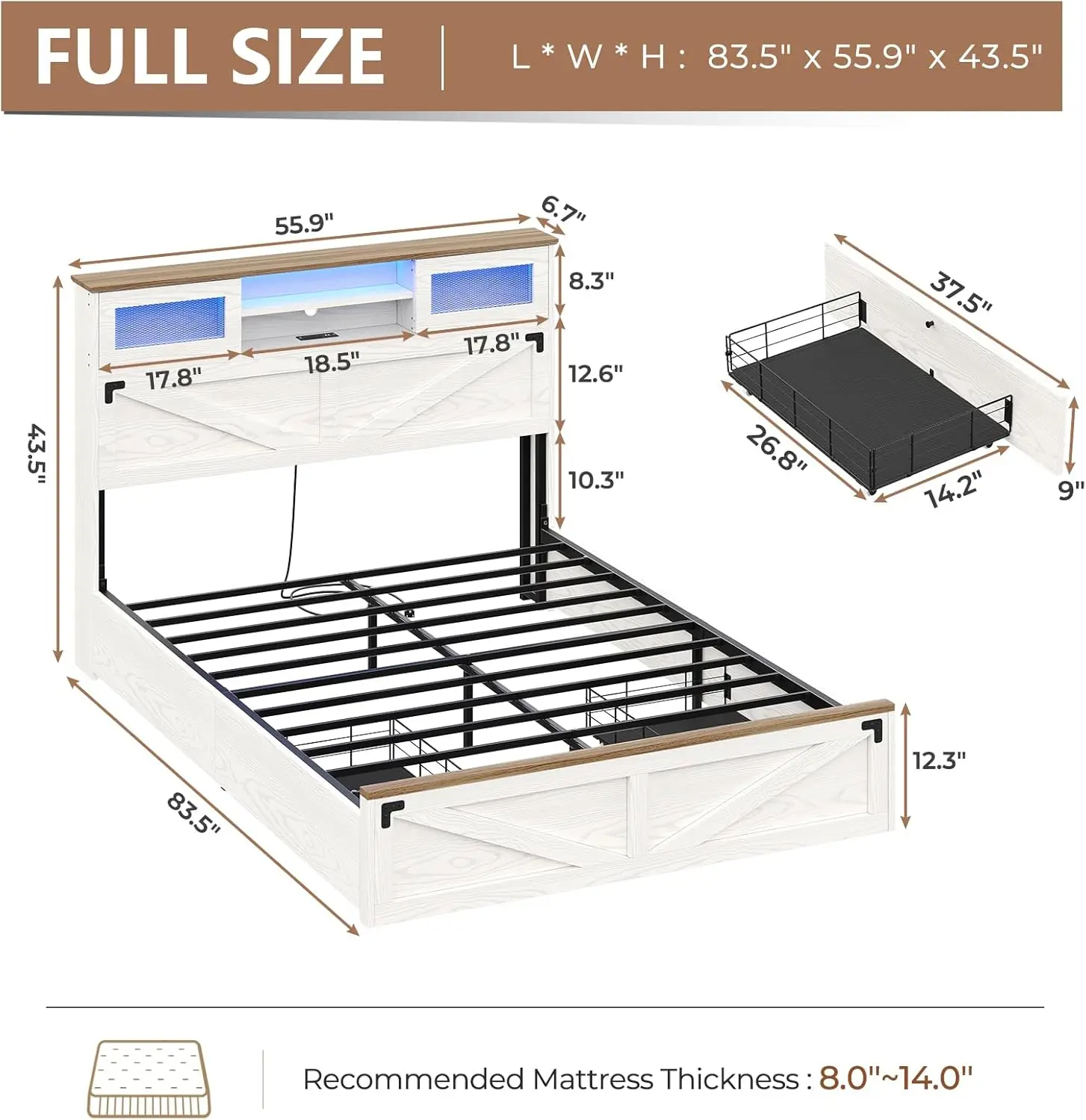 Farmhouse Bed Frame Full Size with Bookcase Headboard and 2 Drawers, Wooden Platform Full Bed with LED Lights and Charging Stati