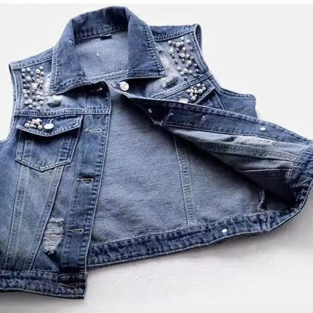 Lapel Sleeveless Single Breasted Flap Pockets Beads Decor Women Waistcoat Solid Color Ripped Holes Denim Vest Coat Streetwear