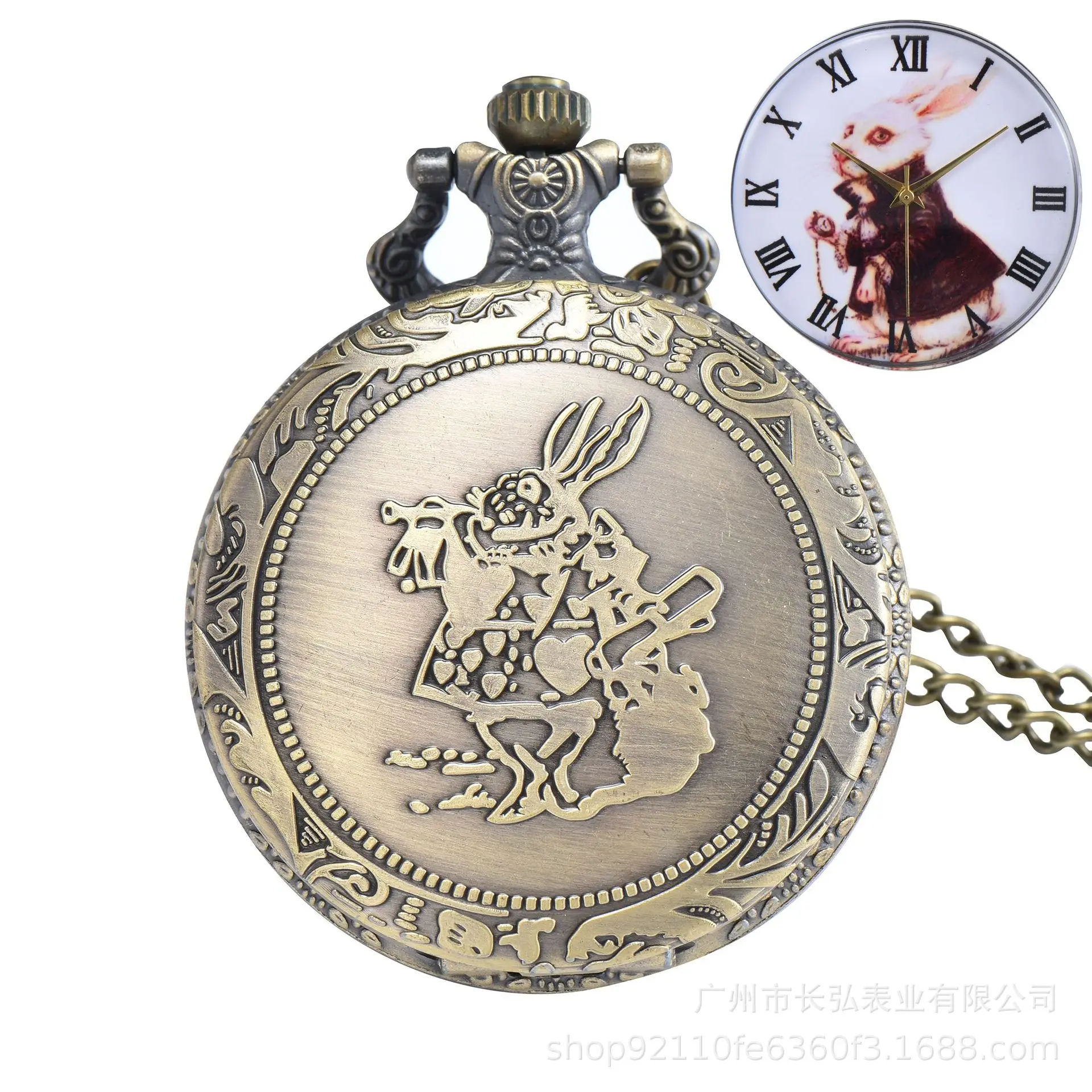 10pcs/lot New Bronze Quartz Pocket Watch Retro Alice Theme Pocket Fob Watch Pendant Necklace Pocket Watches Men Womens Gifts