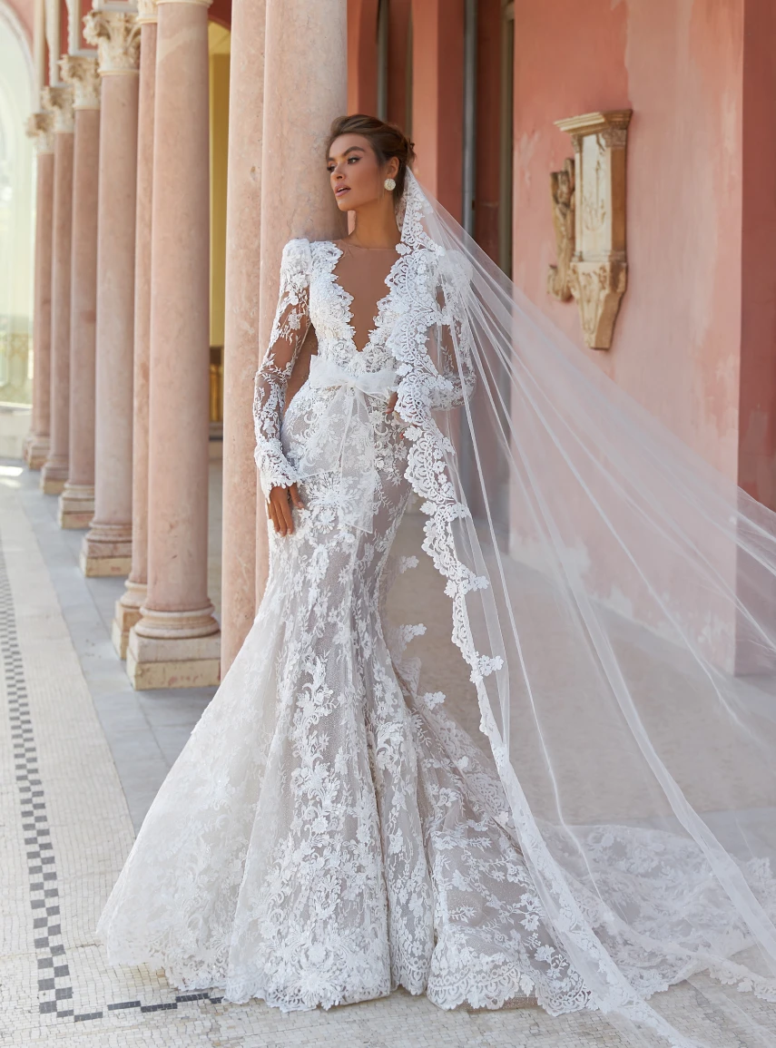 レースのウェディングドレス、ベスティド・デ・ノイバ・セレイア、長袖ウェディングドレス、花嫁用高級ドレス、ヴィンテージ2024、高品質ウェディングドレス