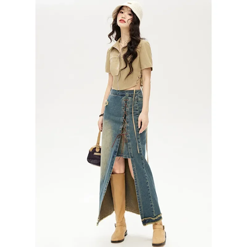 Plus Size Women's High Waist Lace-Up Slit Denim Maxi Skirt Vintage Frayed Hem