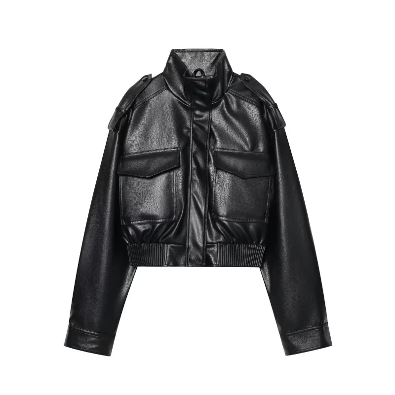 Women Vintage Moto Faux Leather Cropped Jacket Chic Stand Collar Zip Up Biker Outerwear Casual Streetwear Coat