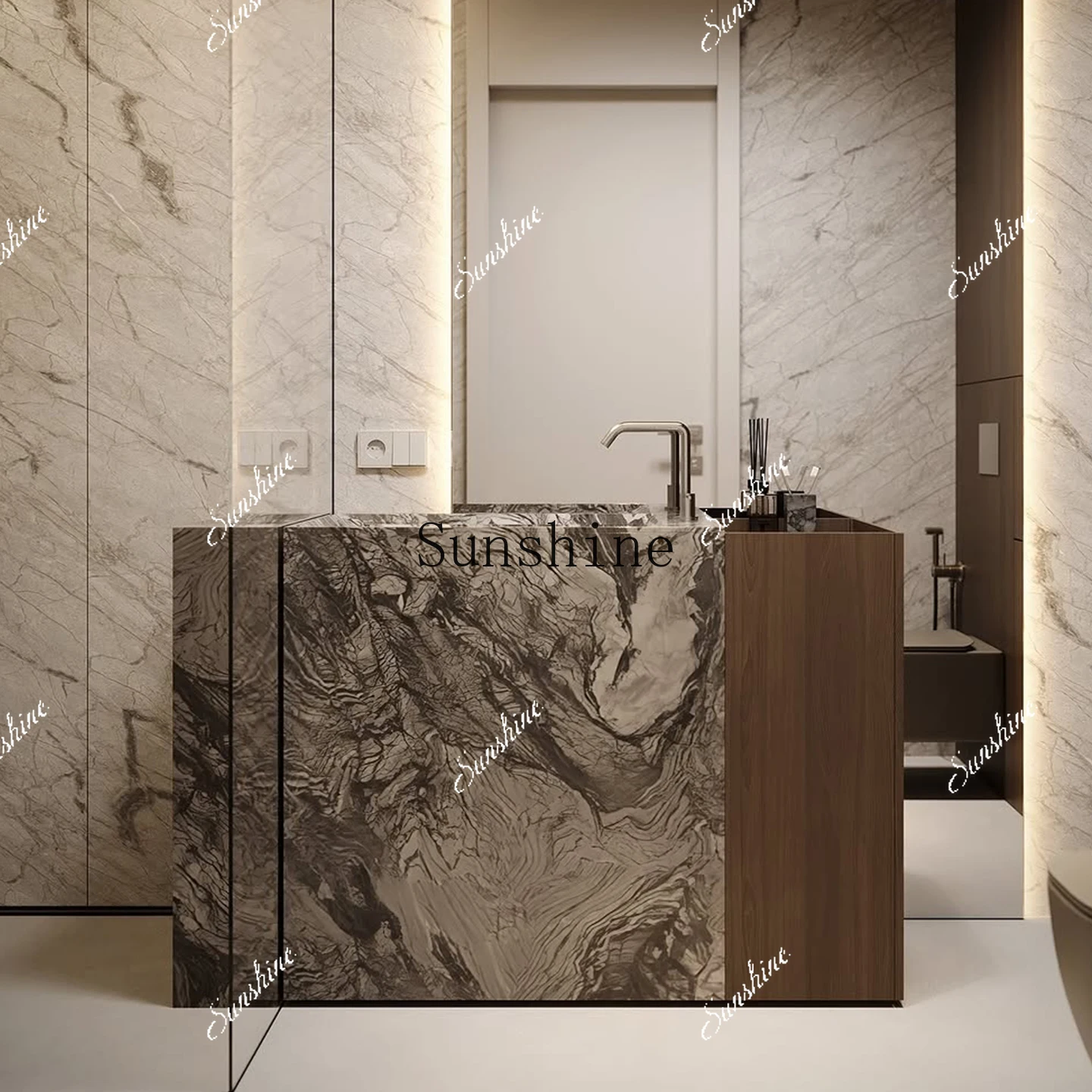 MSlate columns, integrated basin floor-to-ceiling outdoor courtyard, villa garden outdoor console