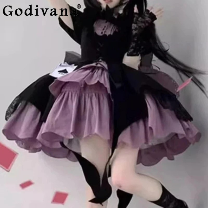 

Sweet Girl High Waist A-line Stand Collar Irregular Cake Fairy Dresses Gothic Black Purple Cos Lolita Short Sleeve Ruffles Dress