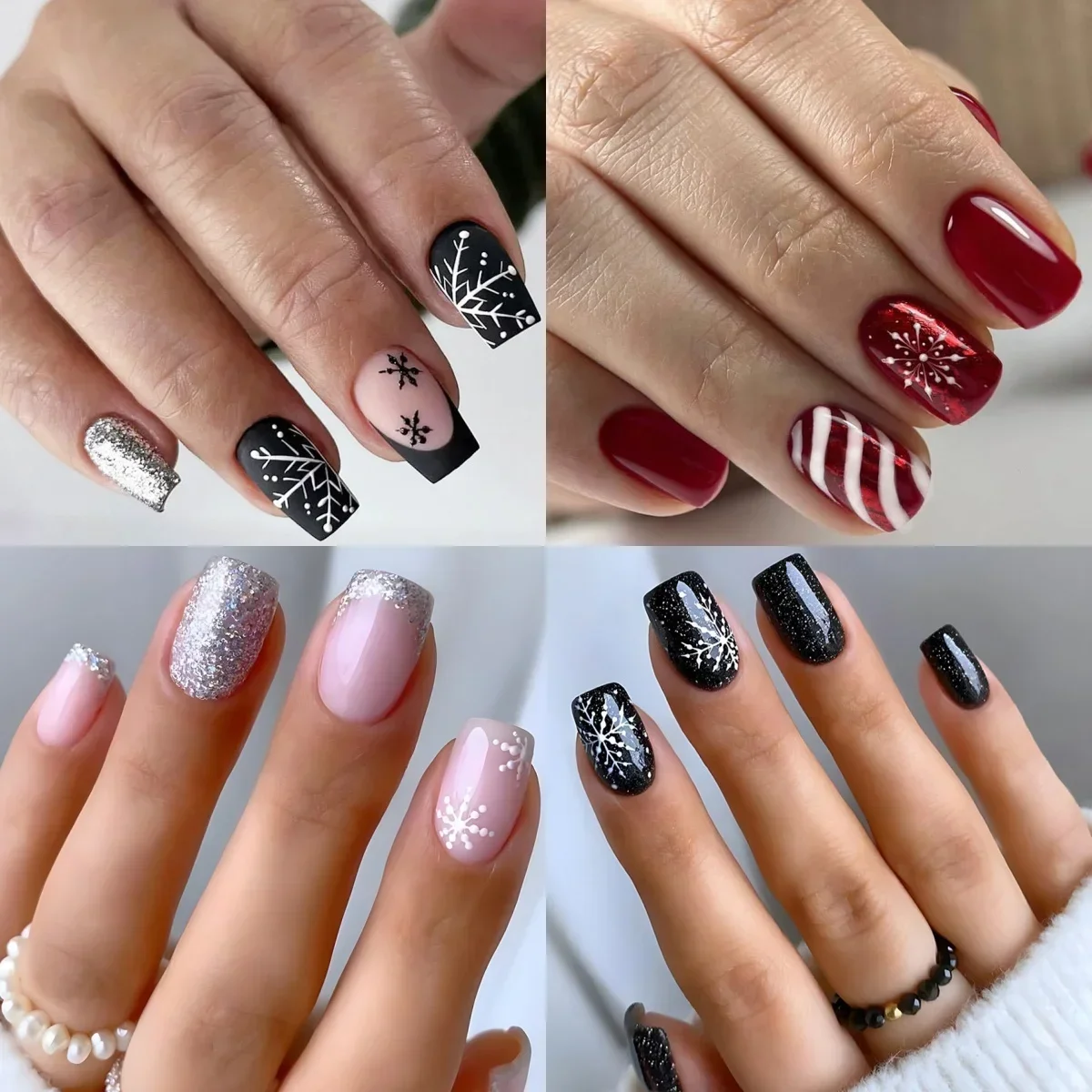 Black Glitter Powder Snowflake Deer Winter Red Christmas Tree Short Square Fake Nail Art False Nail Charm Press on Nail Manicure