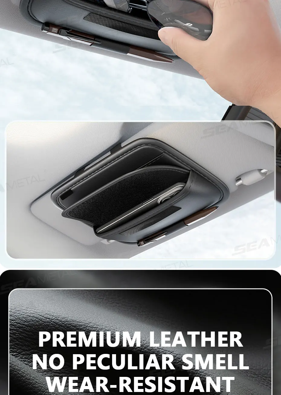 SEAMETAL Auto Sonnenschirm Gläser Tasche Pu Leder Auto Sonnenblende Karte Organizer Tragen-beständig Sonnenbrille Lagerung Tasche Zubehör – Detail 4