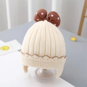 2 Versions Winter Baby Girls Knitted Hats with Bow Ear Protection Wool Beanie Hat Kids Warm Windproof Headwear Cap 3-18M