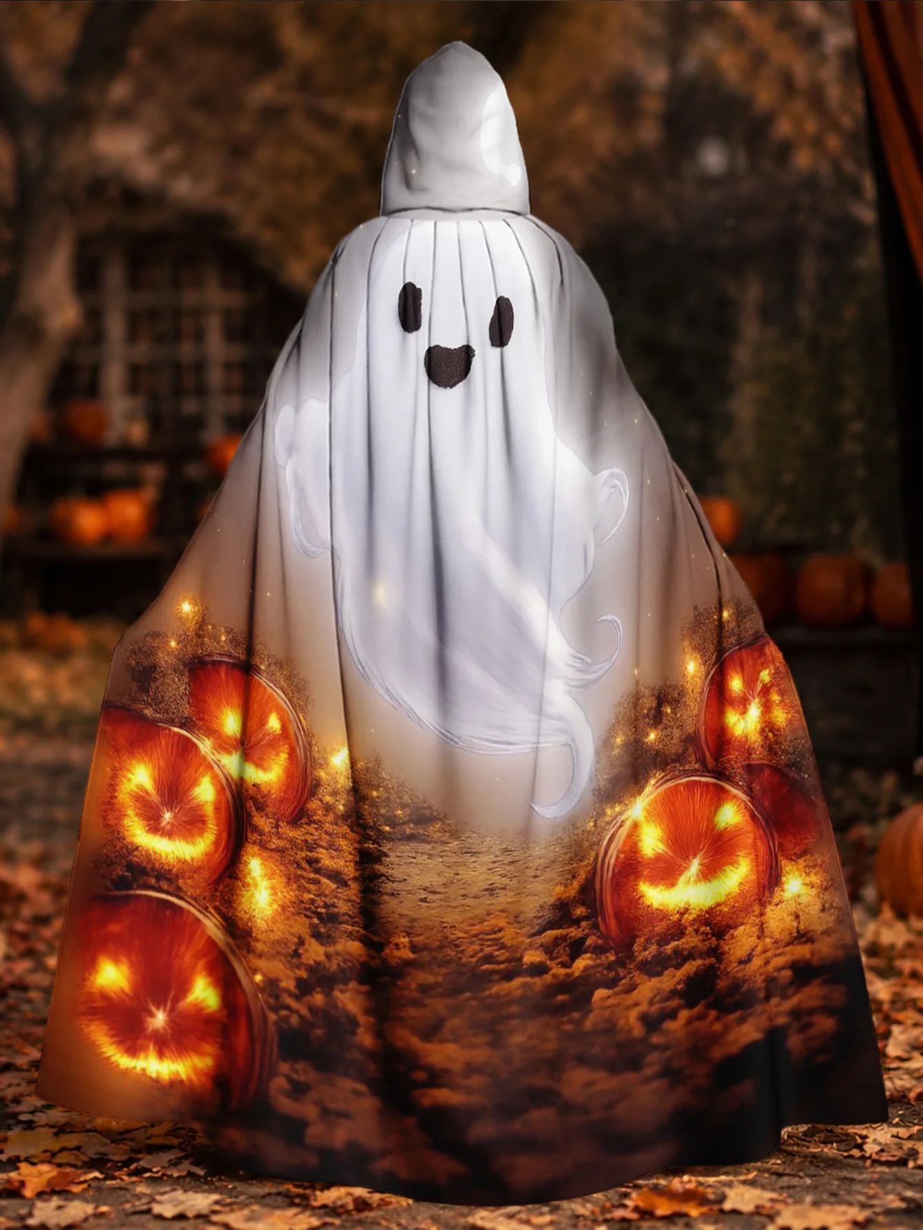 Halloween Pumpkin Print Wizard Hooded Cloak Full-Length Cosplay Robe for Themed Parties Conventions