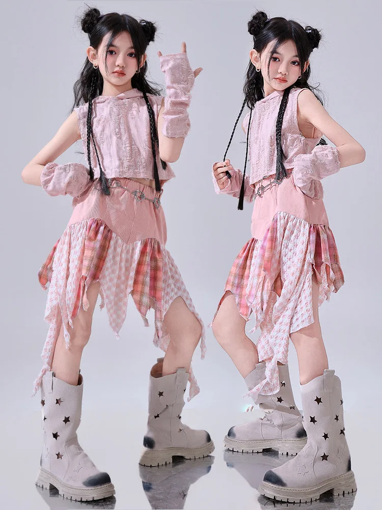 Hip Hop Girls Clothes Kids Jazz Street Dance Costume Pink Hooded Top Pink Petal Skirt for Child Performance Outfit