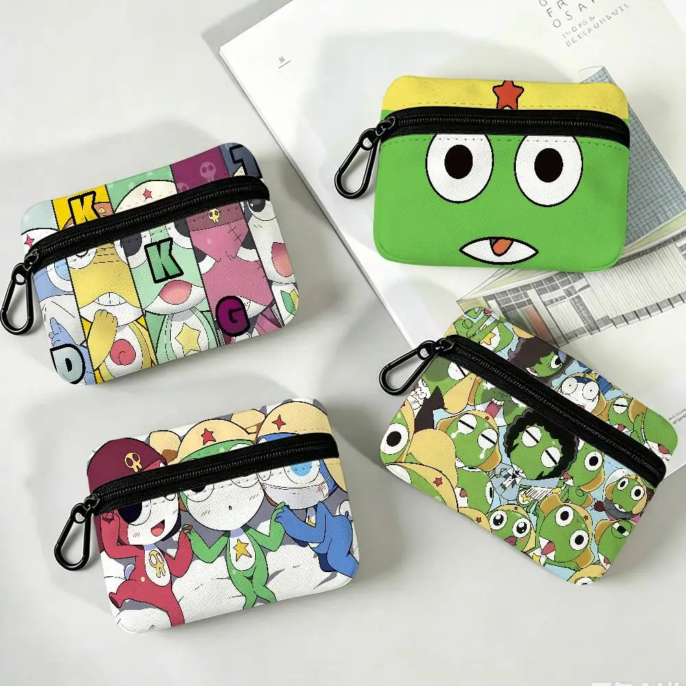 K-Keroro Gunsou Frog Compact Oxford Cloth Coin Purse Detachable Carabiner Hook Portable Key Card Organizer Pouch