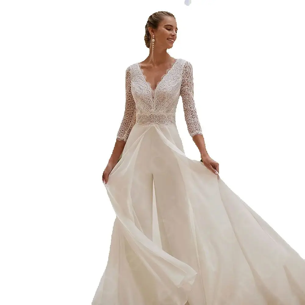 Customized New Unique Wedding Dresses Jumpsuit Bridal Gowns Pants Suite Lace Bride Dresses 3/4 Sleeves Wedding Gowns V Neckline image 6