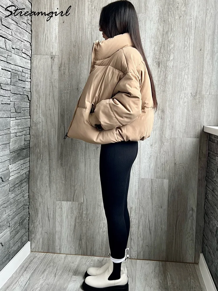 Loose Short Down Cotton Jackets Women Winter Warm Thick Coats Padding Outwear Short Winter Down Quilted Jackets Beige Women