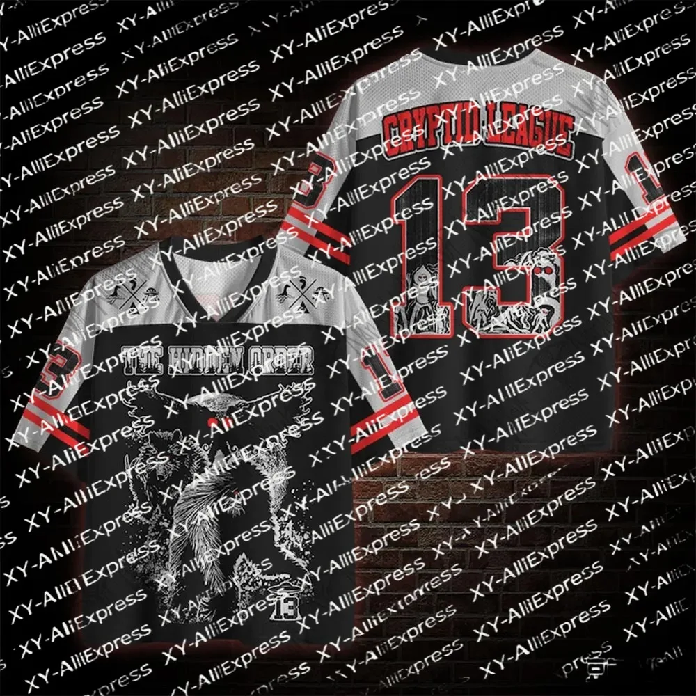 Men Dark Creature Graphic Mesh Jersey, Vintage Monster Art Print, Lightweight Mesh Jersey for Urban Street Style