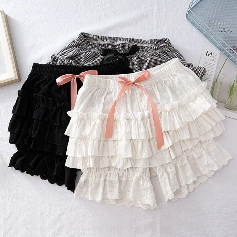 Womens Lace Layered Ruffle Lolita Bloomers Vintage Victorian Pumpkin Shorts Bowknot Frilly Knickers Kawaii Safety Short Pants