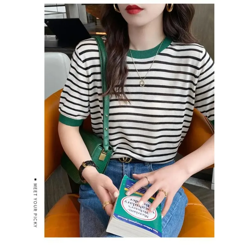 

2026 Stripe Tops Women Knitted Round Collar Summer Print Short Sleeve Casual Simple Wild T-Shirt