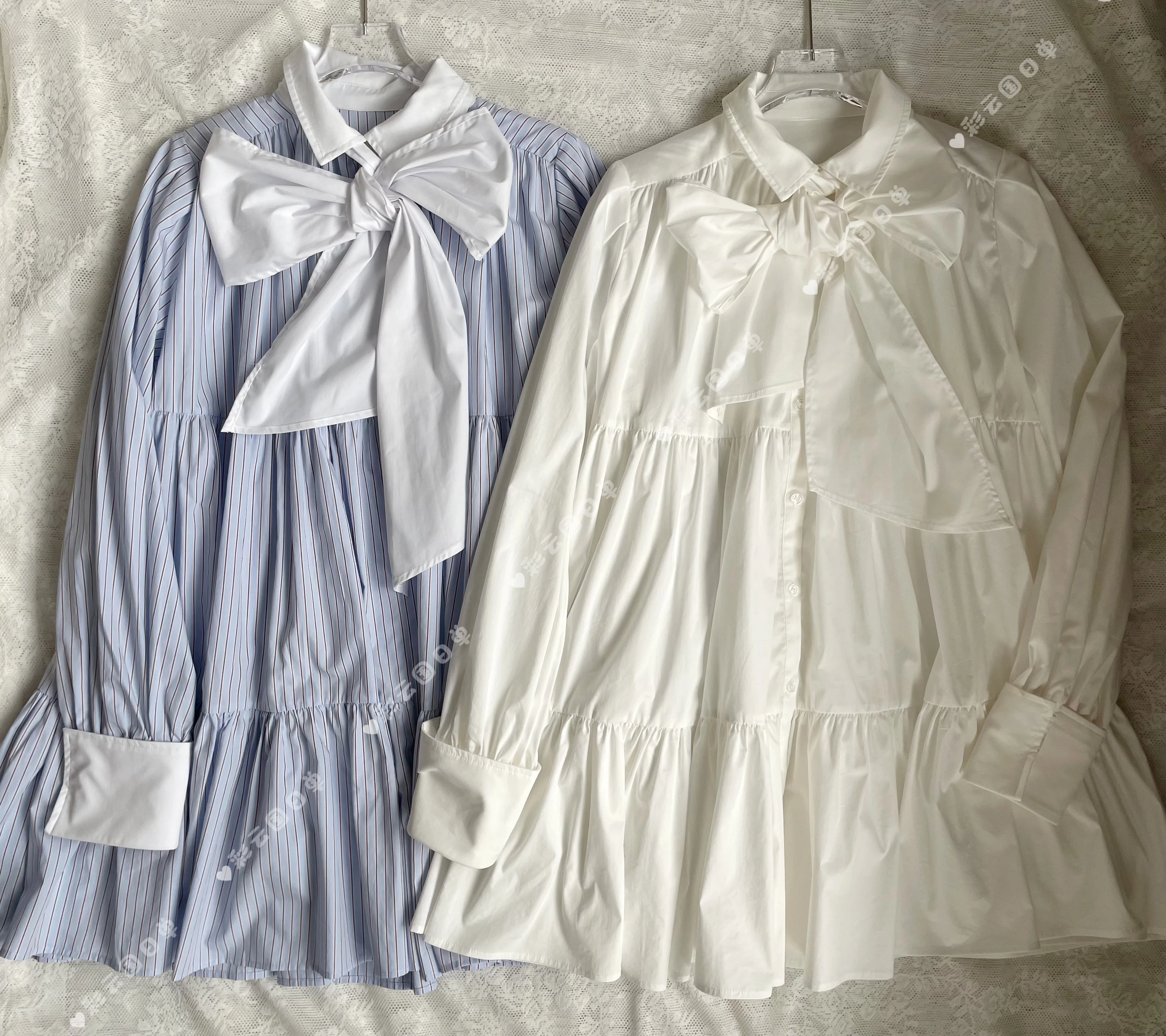 Jesień 2025 Nowa Moda Dziewczęca Słodka Długa Koszula Japońska Słodka Sukienka z Dużą Kokardą Krótka Sukienka Francuska Elegancka Damska Bluzka z Długim Rękawem