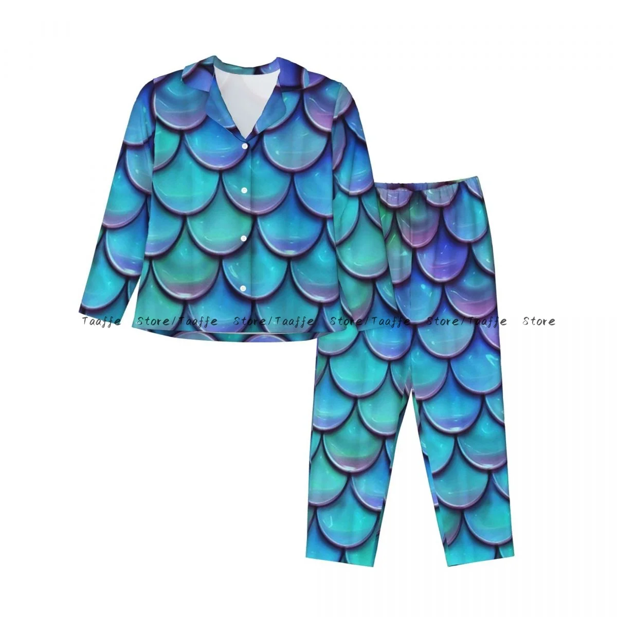 Mermaid Teal Fish Scales Womens Pajamas Loungewear Two-piece Sleepwear Button-Down Full Sleeve Long Pajamas Set