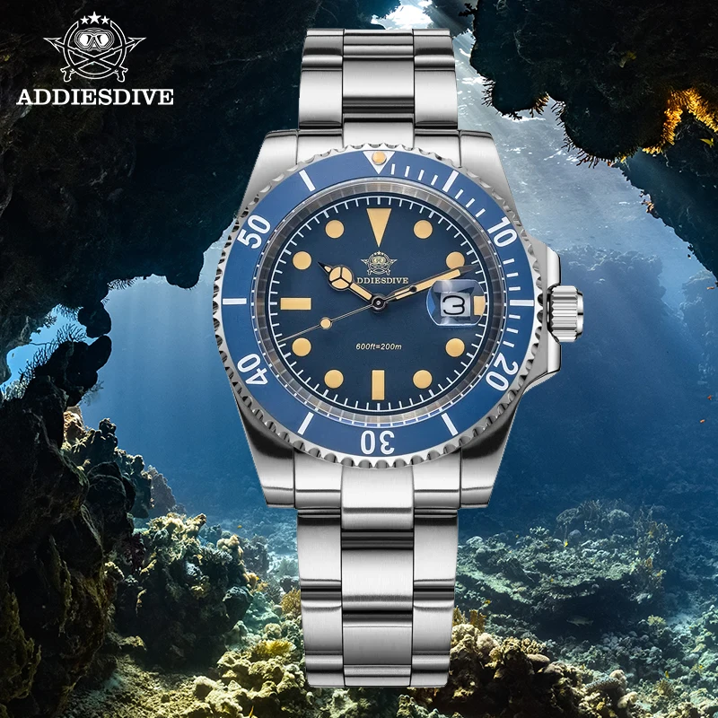 ADDIESDIVE Diver Watch 41mm Ceramic Bezel 200m Diving Wristwatch Steel Automatic Date Retro Luminous New Quartz Watch For Men