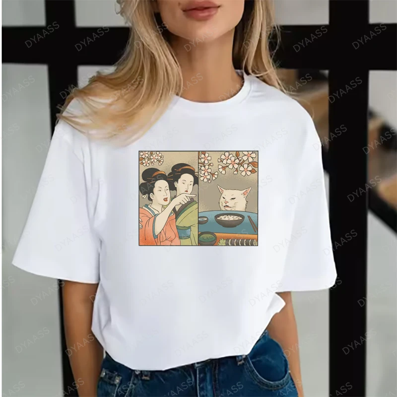 

Japanese Style Cat Cartoon T-shirt Summer Harajuku Kawaii Cat Short Sleeved Harajuku Y2K Retro Street Cotton Top