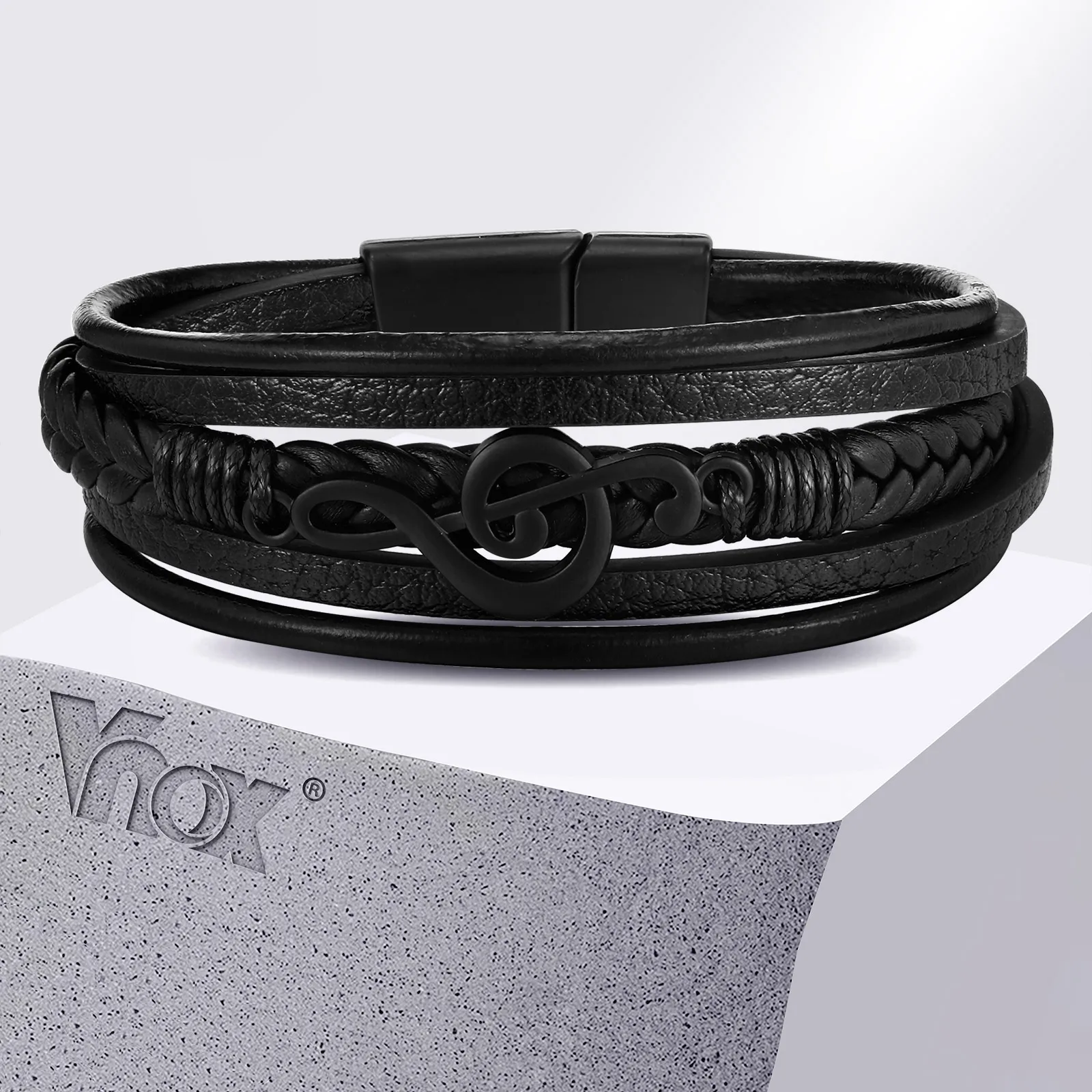 Vnox Mens Gothic Bracelet, Punk Black Braided PU Leather Wristband, Music Notes Charms Bracelets Gift for Music Lovers