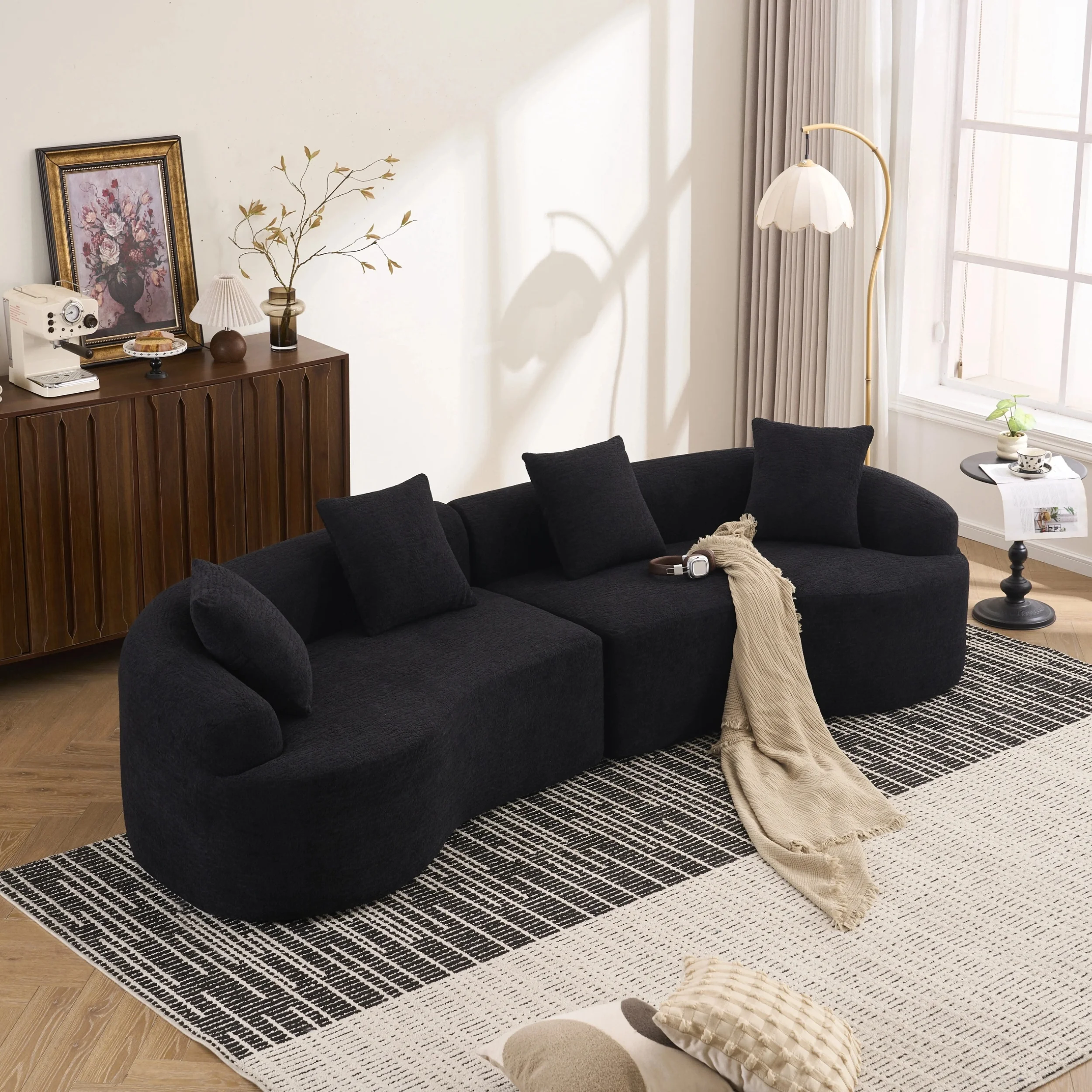 # Compression Sponge Sofa Set Black Curved Modular Sectional 30D High-Density Chenille Sleeper Modern Apartment Living Room 110