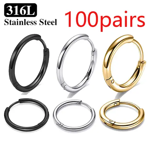 3/50/100pairs Stainless Steel Small Hoop Earrings for Women Men Gold Color Black Circle Thick Ear Ring Huggie Earrings Piercing