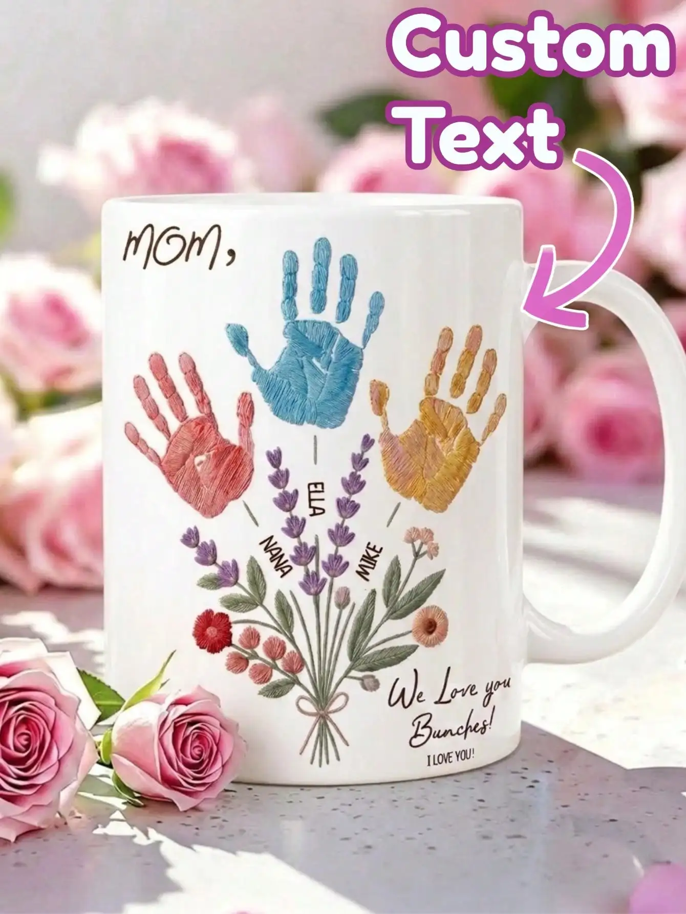 1 Set Custom Text Name Mug Handprint Flower Design Personalized Coffee Cup Gift for Mom Grandma Couple Wedding Graduation