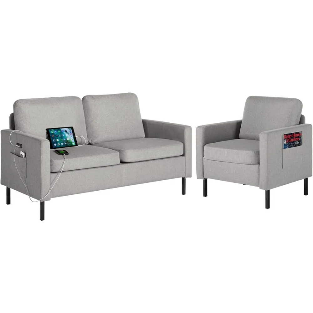 2 Piece Upholstered Sectional Sofa Set Couches Sofas Living Room Furniture Sets, Loveseat with USB & Accent Chair, Grey Couch