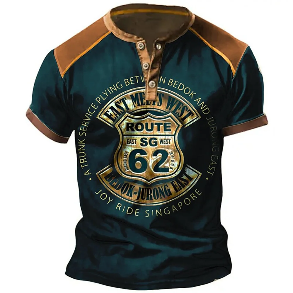 Vintage T-shirt For Men 3D Print Motorcycle Tees Tops Short Sleeve Biker Button-up Stand CollarTShirt Men Clothing Camiseta