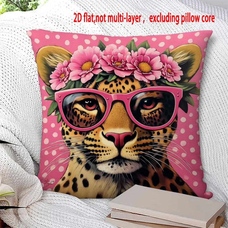 1pc Pink Flower Crown Leopard Head Print Throw Pillow Cover,Suitable for Sofa,Bedroom,Living Room,A Sweet Gift for Animal Lovers