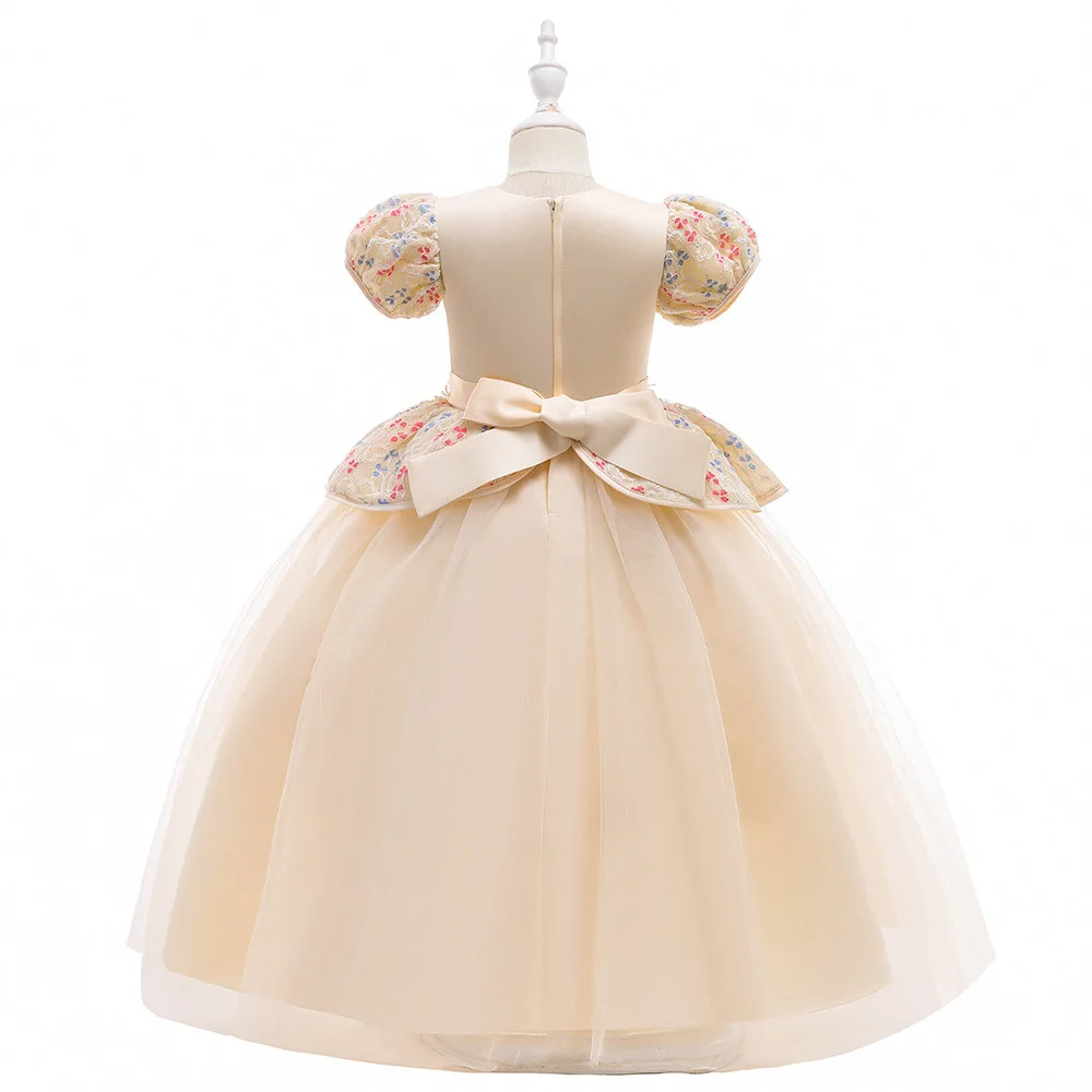 Pearls Beadings Long Kids Princess Dress Summer Puff Sleeve Flower Girls Embroidery Floral Mesh Dresses Wedding Party Ball Gown