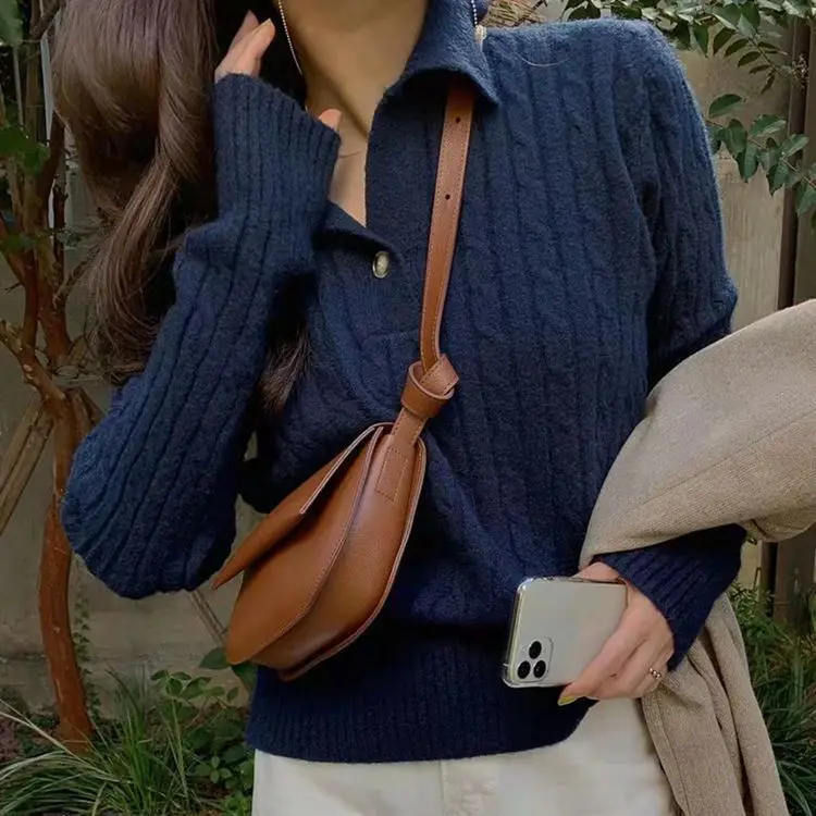 Langarm Casual Umlegekragen Leinen Muster Design Lose Vielseitige Pullover Koreanische Chic Herbst Winter Vintage Strickwaren