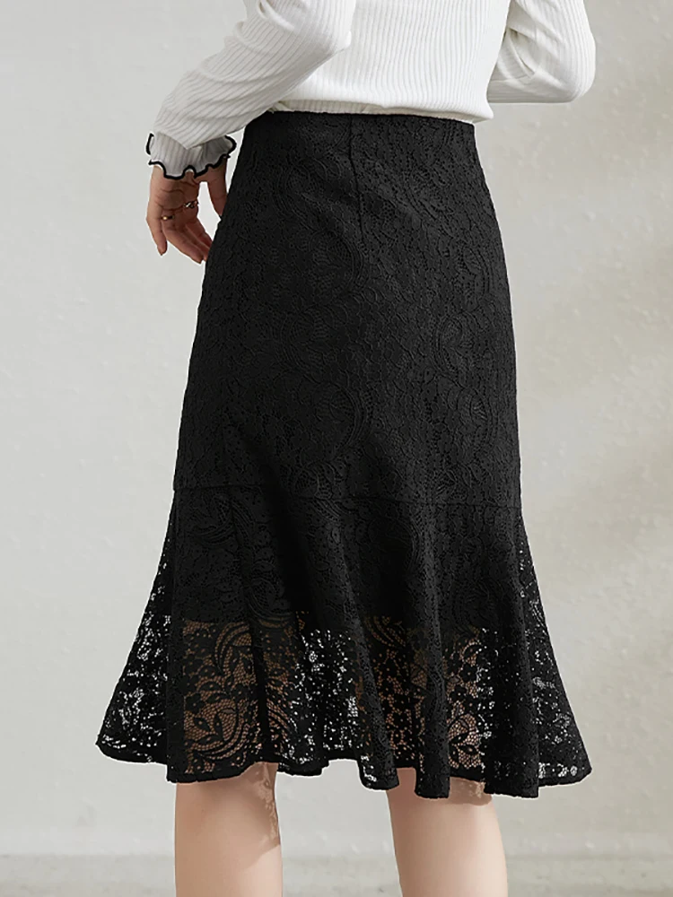 SENTUBILA Trumpet Skirt High Waist 2024 Spring Summer New Fashion Women Clothing Knee-Length Lace Sexy Black Skirt 121Q39904