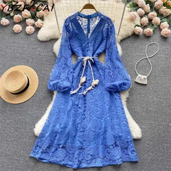 Blue/Black Fall Robe Retro Crochet Lace Women's Long Dress High Quality V Neck Single Breasted Puff Sleeve High Waist Long Dress