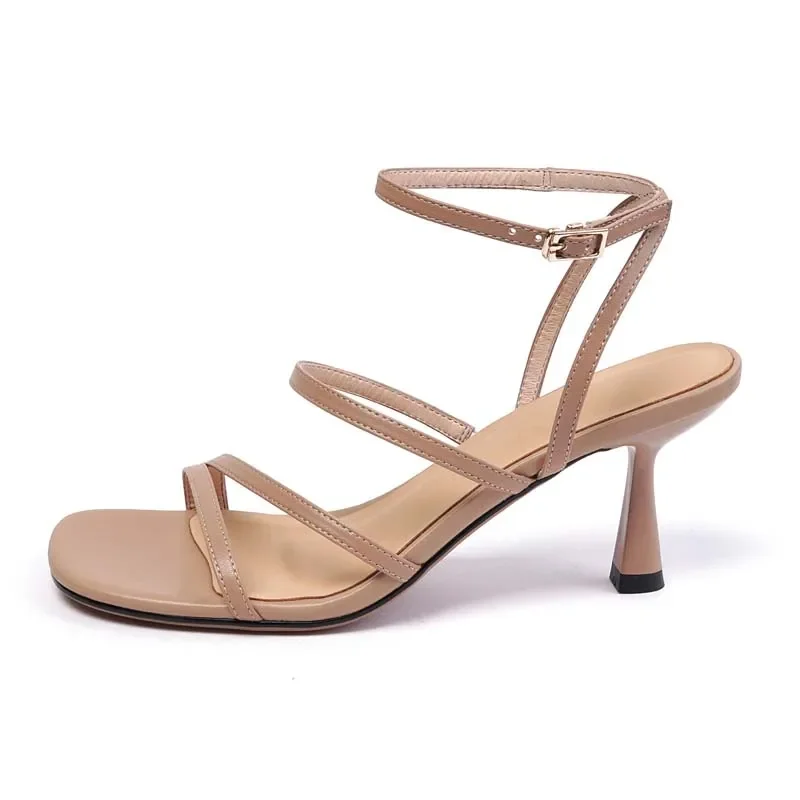 2024 New Ankle Strap Sandals Summer Women Sexy Party Lady Open Toe High Heels Fashion Woman Beige Apricot One Word Buckle Sandal