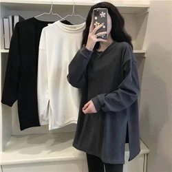 LMQ NEW Women Long Sleeve Thickened T-Shirts Split Tops Solid Pullovers Causal Tees Female Streetwear Basic bottom Tees Oversize