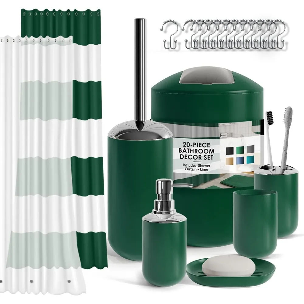 

Green Bathroom Accessory Set, 20-Piece with Shower Curtain, Holder, Dispenser, Dish, and Trash Can