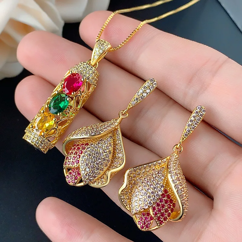 

New Jewelry Set Decorations Light Luxury Inlaid Colorful Zircon Necklace Flower Earrings Women S925 Silver Needle Fashion Wholes