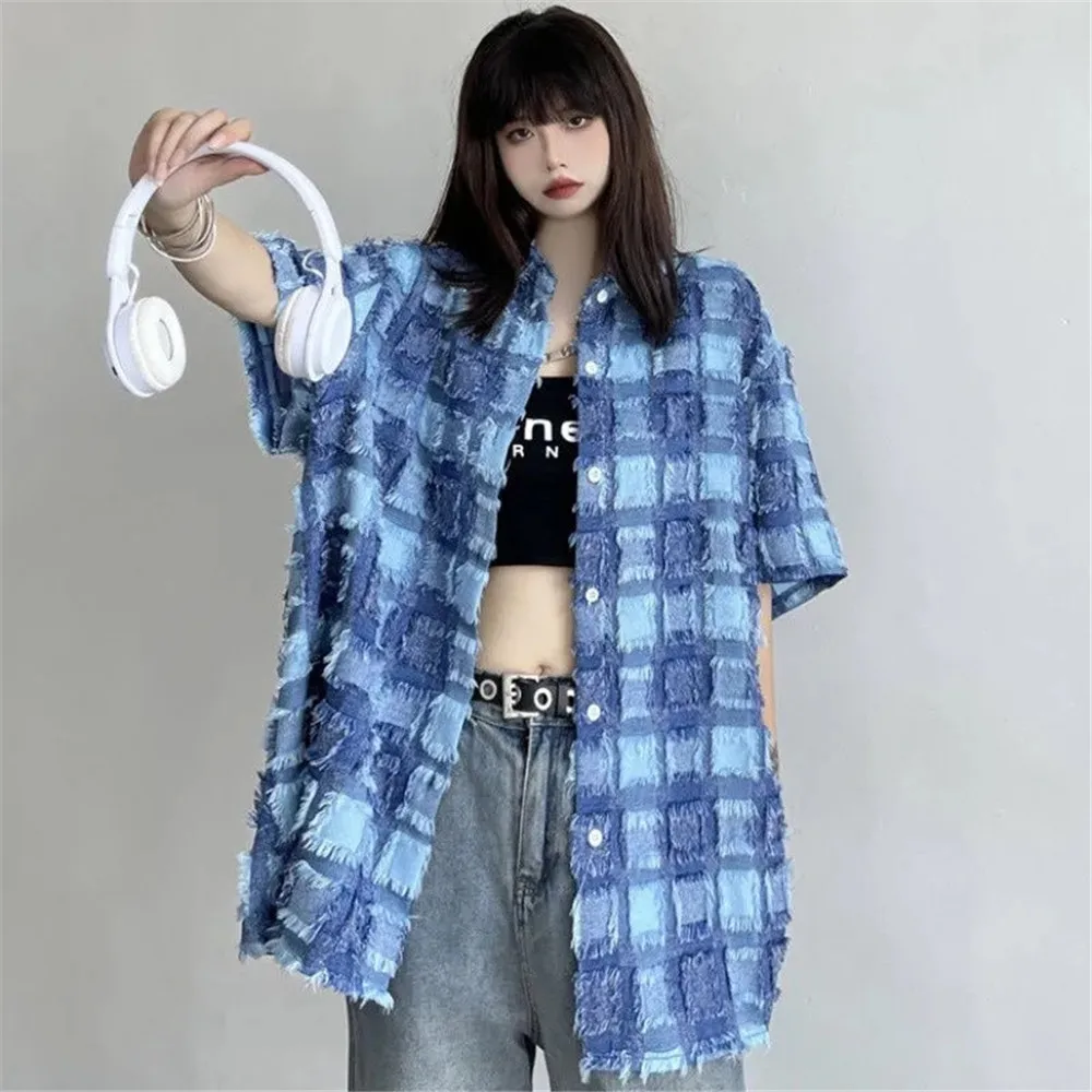 Summer Plaid Print Loose Y2k Women Shirt Short Sleeve Casual Vintage Baggy Tops Streetwear Cycling Korean Vintage Hip Hop Blouse